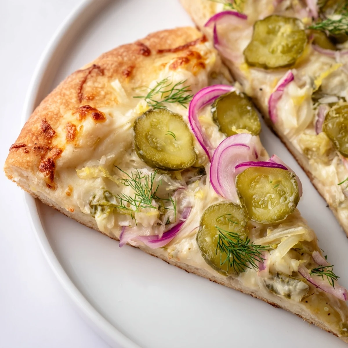 Delicious Pickle Pizza topped with creamy sauce and crunchy dill, perfect for sharing.  