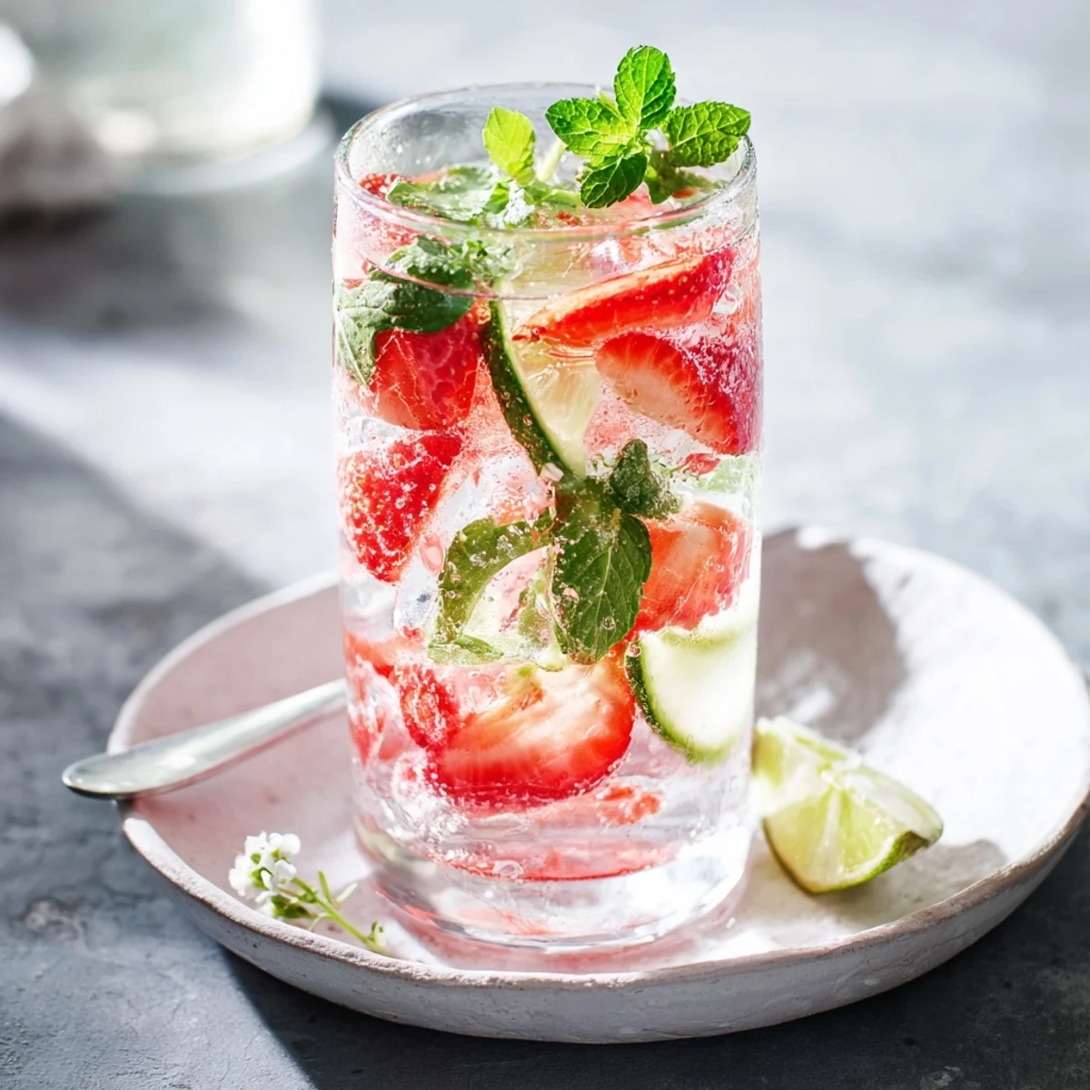 Bright-colored mocktails featuring sliced strawberries and lemon for a lively summer drink.  