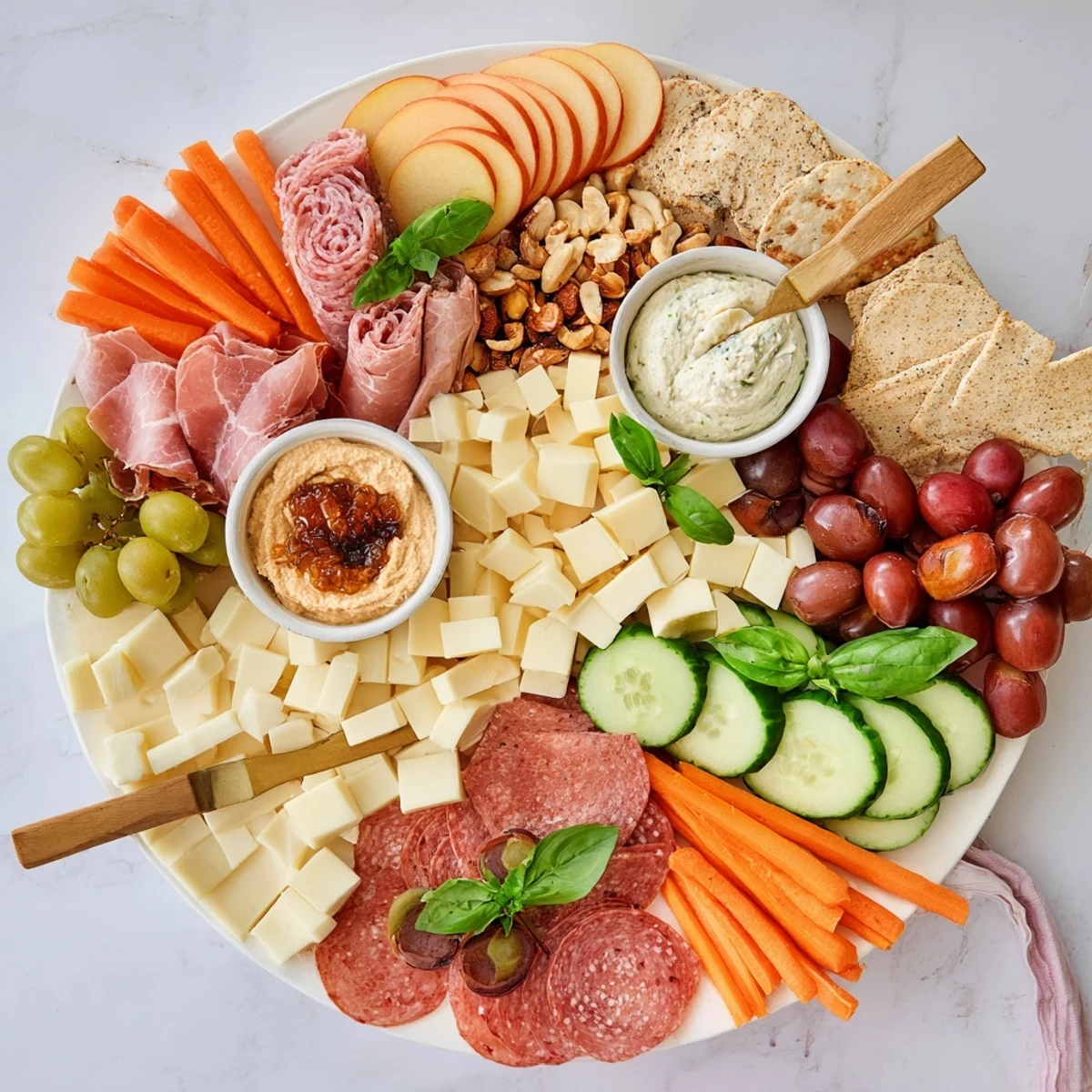 Elegant Girl Dinner Platter showcasing fresh veggies, tasty dips, and gourmet cheeses.  