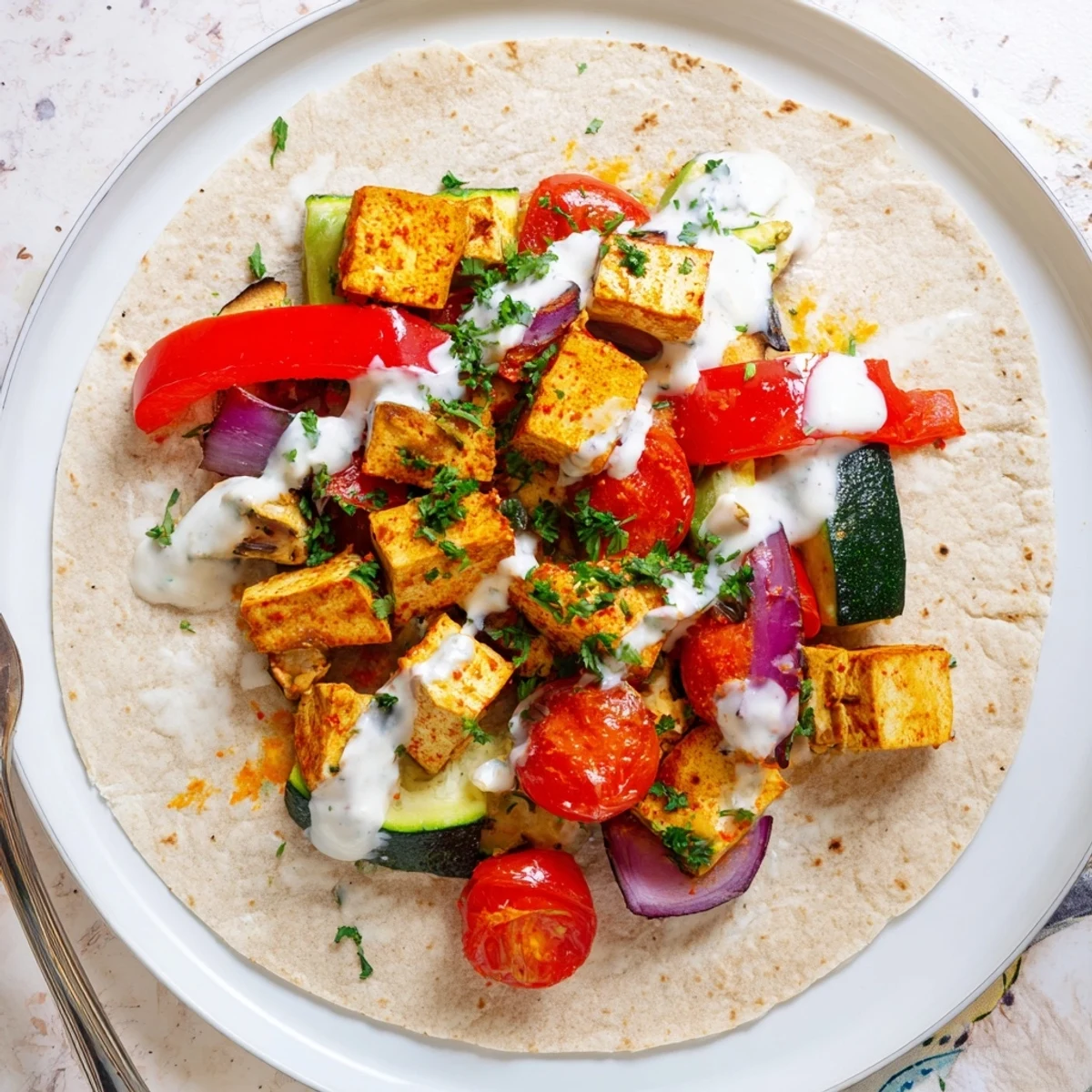 Vegan viral recipe re-make featuring roasted veggies and golden tofu in wraps.  