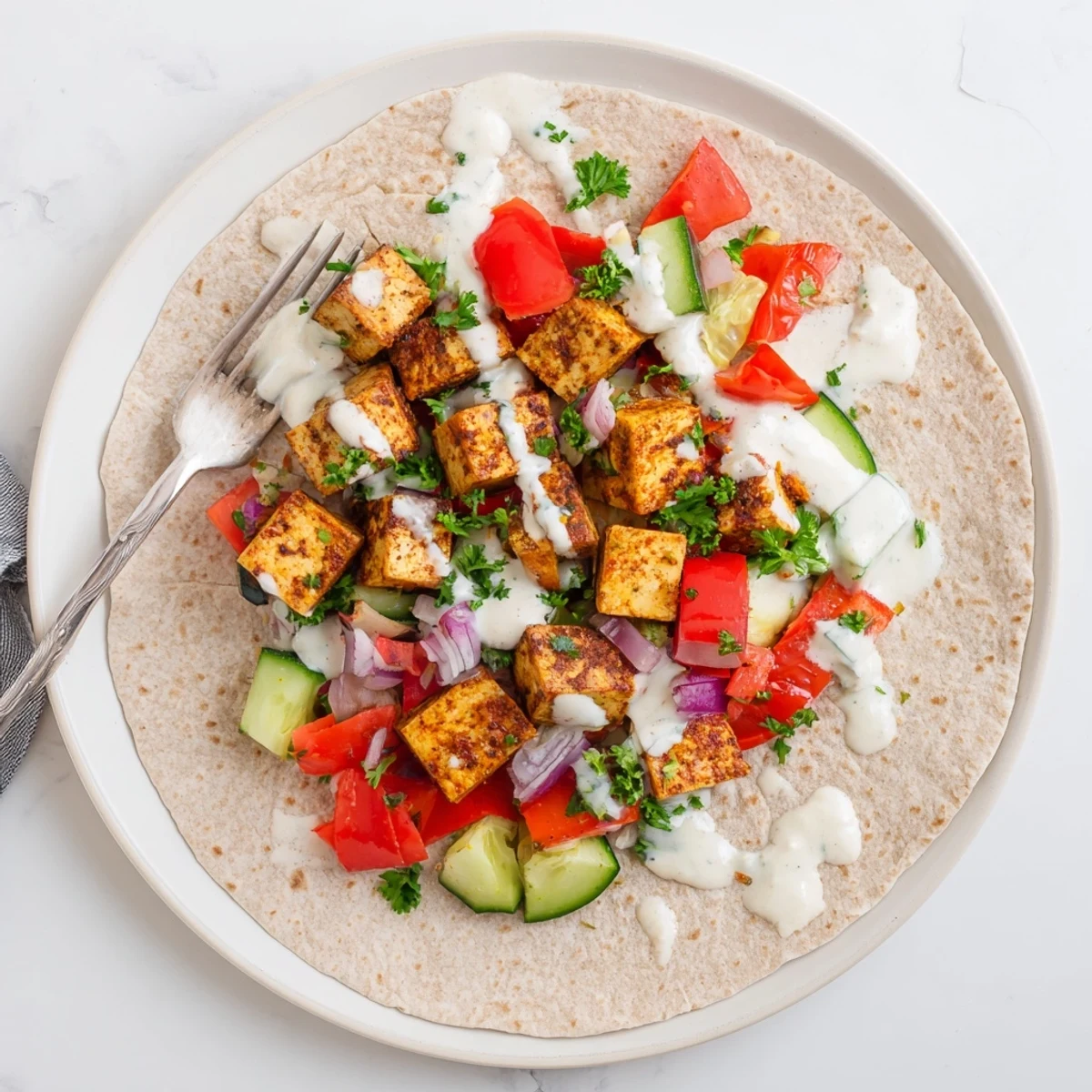 Colorful vegan viral recipe re-make with marinated tofu, fresh herbs, and veggies.  