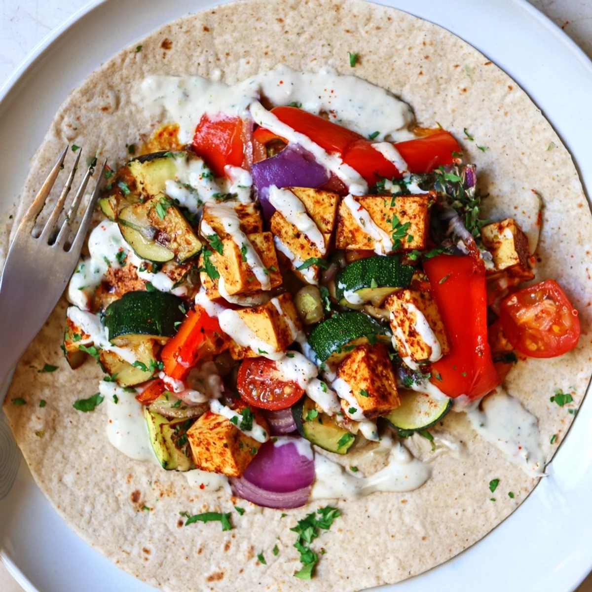 Delicious vegan viral recipe re-make drizzled with creamy tahini-yogurt sauce and parsley.