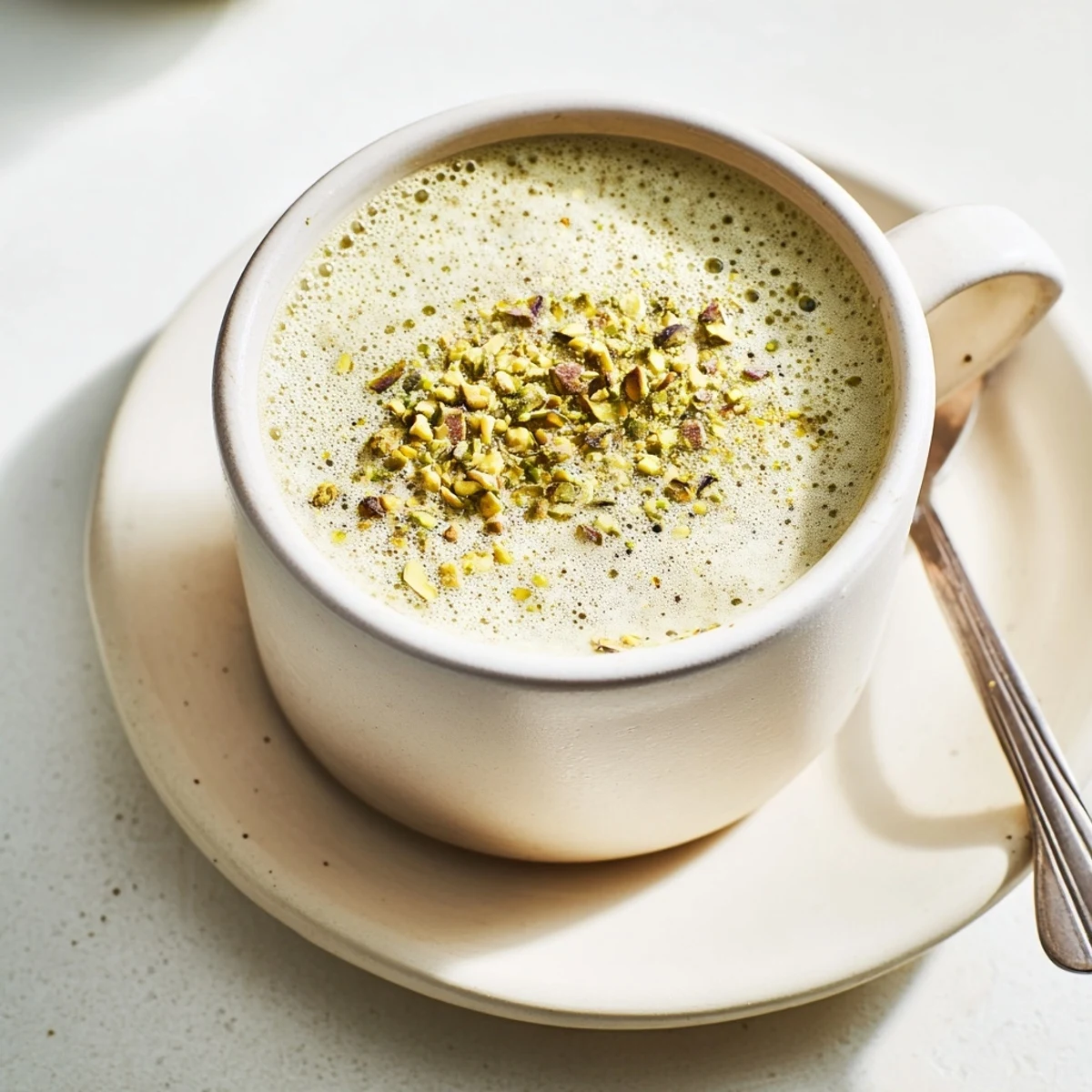 Creamy pistachio milk latte topped with frothy milk and crushed pistachios.  