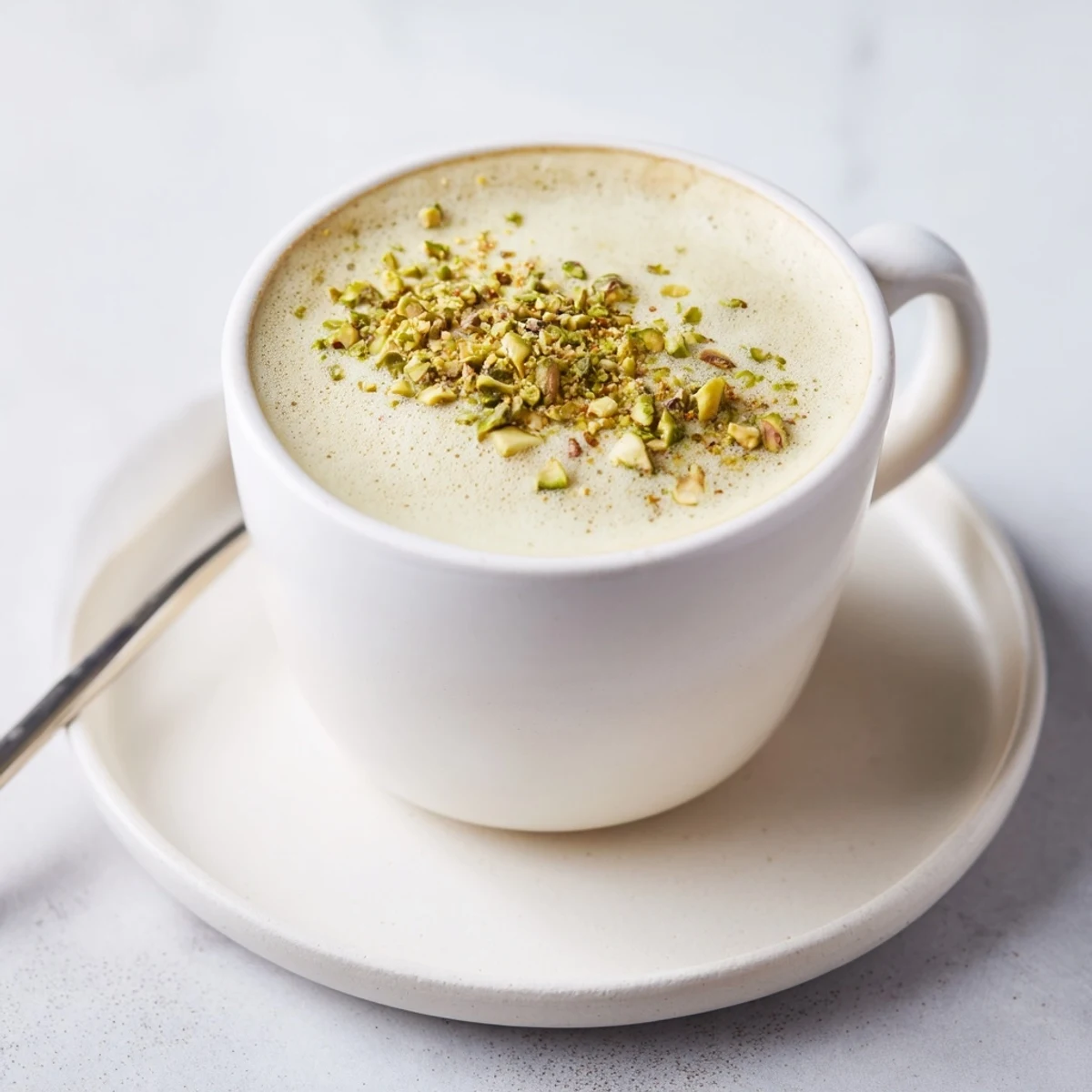 A warm pistachio milk latte, garnished with crushed nuts for extra flavor.