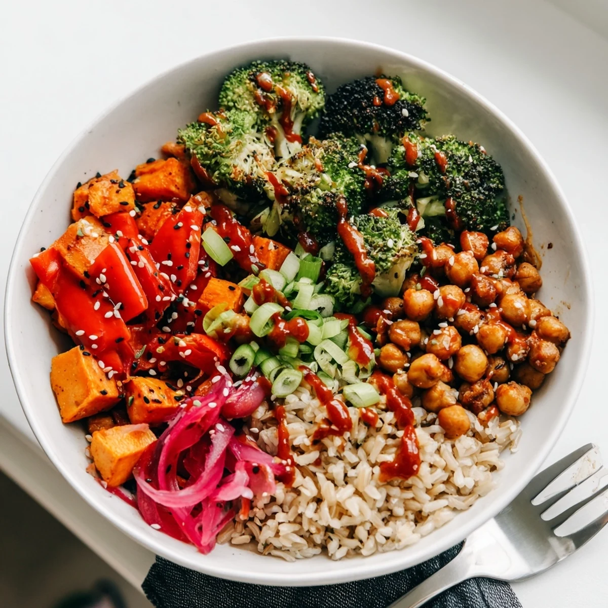 Satisfying Bold Sauce Drizzle Bowls bursting with roasted vegetables and hearty grains.