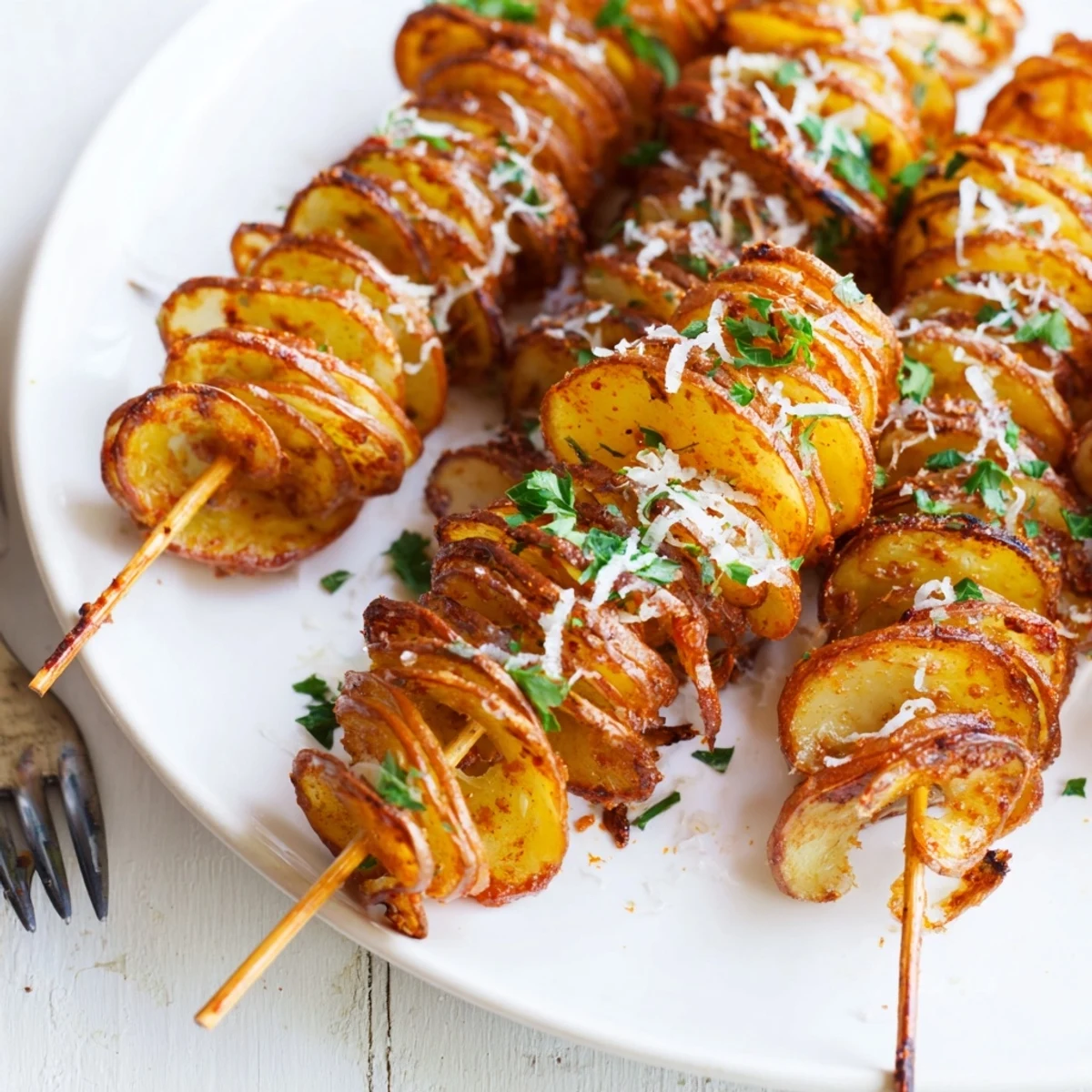 Crispy air-fryer tornado potatoes on skewers, seasoned with garlic and paprika.  