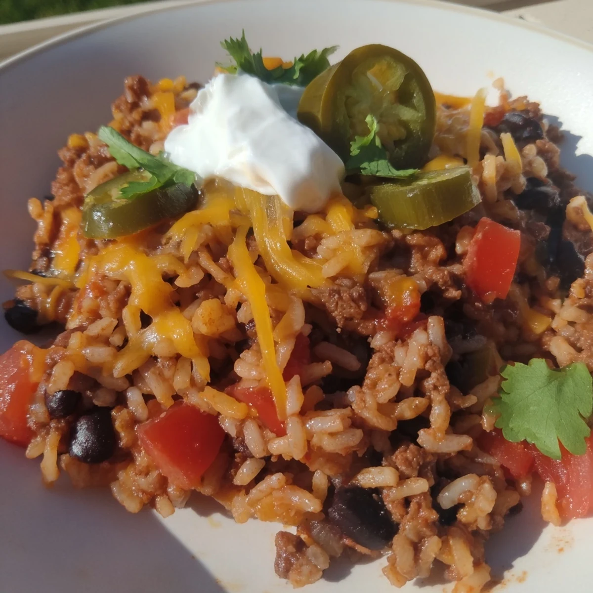 Hearty Tex-Mex Beef & Rice Casserole topped with gooey melted cheese and fresh herbs.  