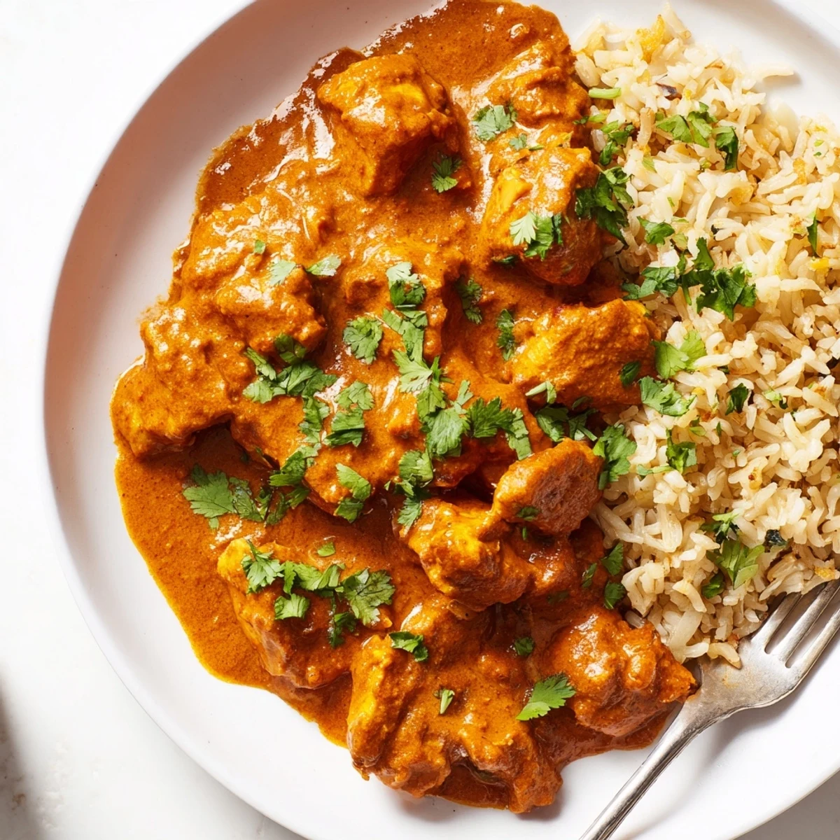 Mouthwatering Butter Chicken featuring spices and herbs, perfectly paired with rice pilaf.