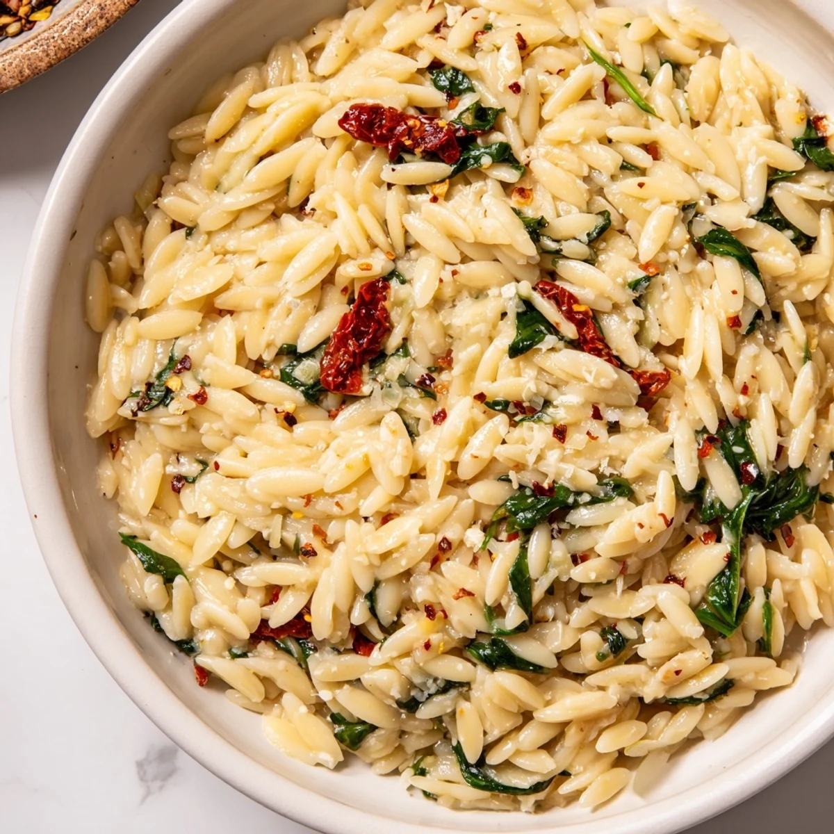 Creamy Tuscan Orzo Bowl topped with fresh spinach and sun-dried tomatoes, deliciously inviting.  