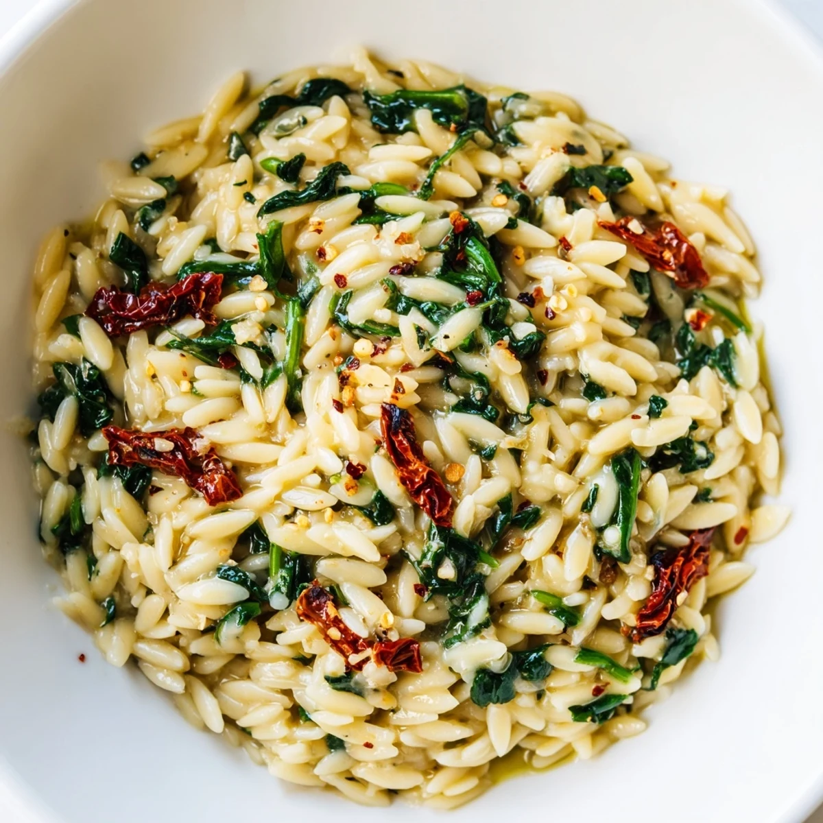A comforting Creamy Tuscan Orzo Bowl, rich with garlic-Parmesan sauce and vibrant greens.  