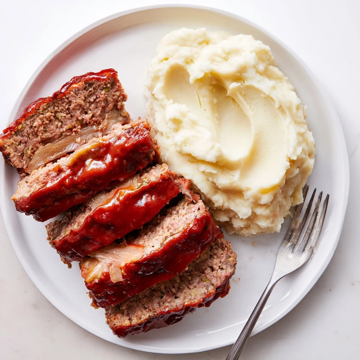 Classic Meatloaf served alongside creamy mashed potatoes, a hearty, satisfying meal.  