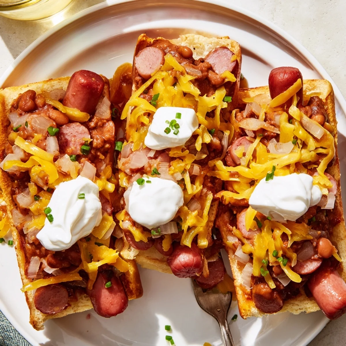 Cheesy Chili Dog Casserole ready to serve, with vibrant onions and hot dogs.  