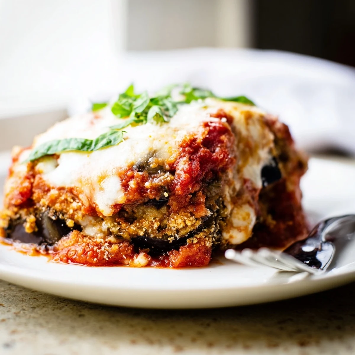 Layered Eggplant Parmesan Lasagna topped with melted cheese and fresh basil garnish.  