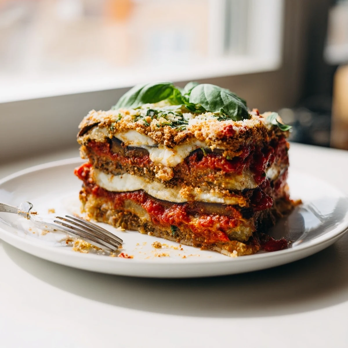 Golden-brown Eggplant Parmesan Lasagna filled with ricotta and flavorful marinara sauce.  