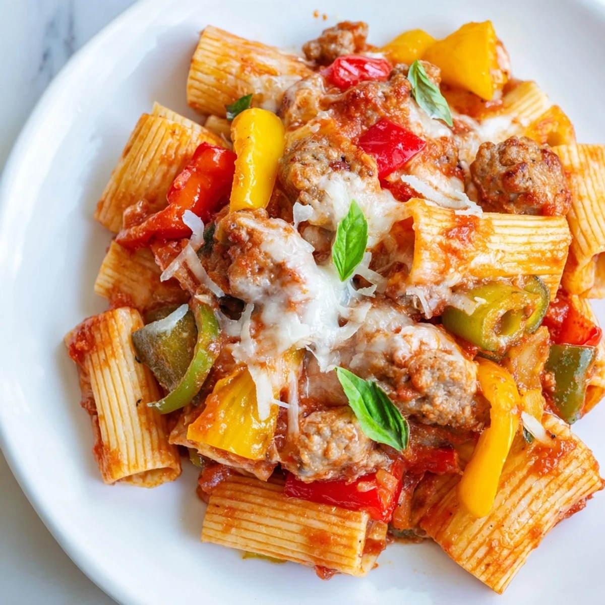 Golden and bubbling baked rigatoni with sausage & peppers, perfect for family dinners.