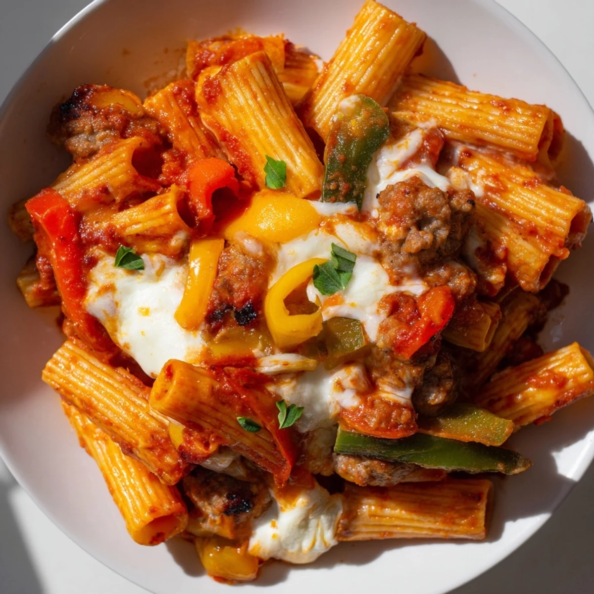 Hearty baked rigatoni with sausage & peppers, a comforting Italian-American casserole dish.  