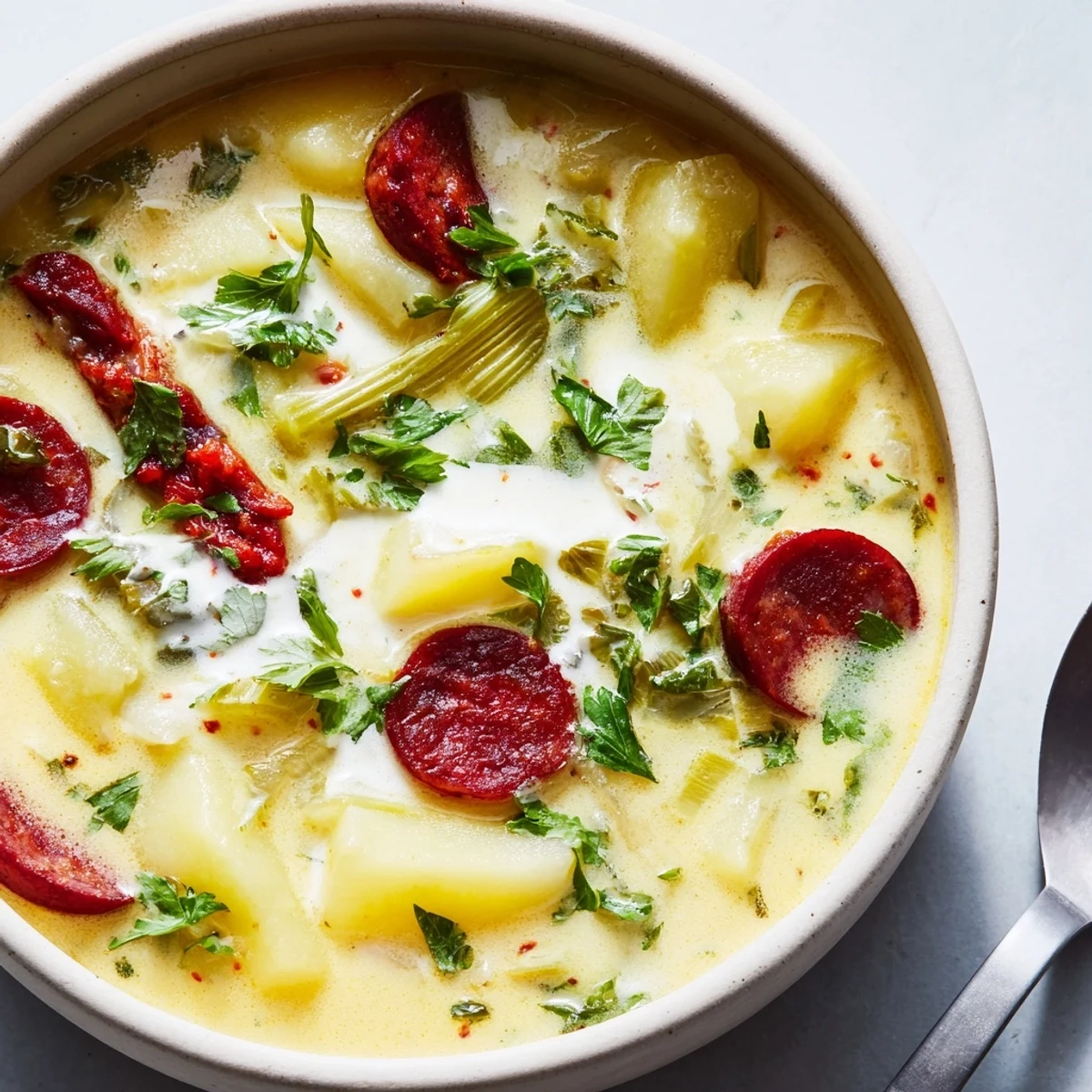 Creamy Potato, Leek & Chorizo Soup bowl filled with vibrant colors and enticing aromas.  