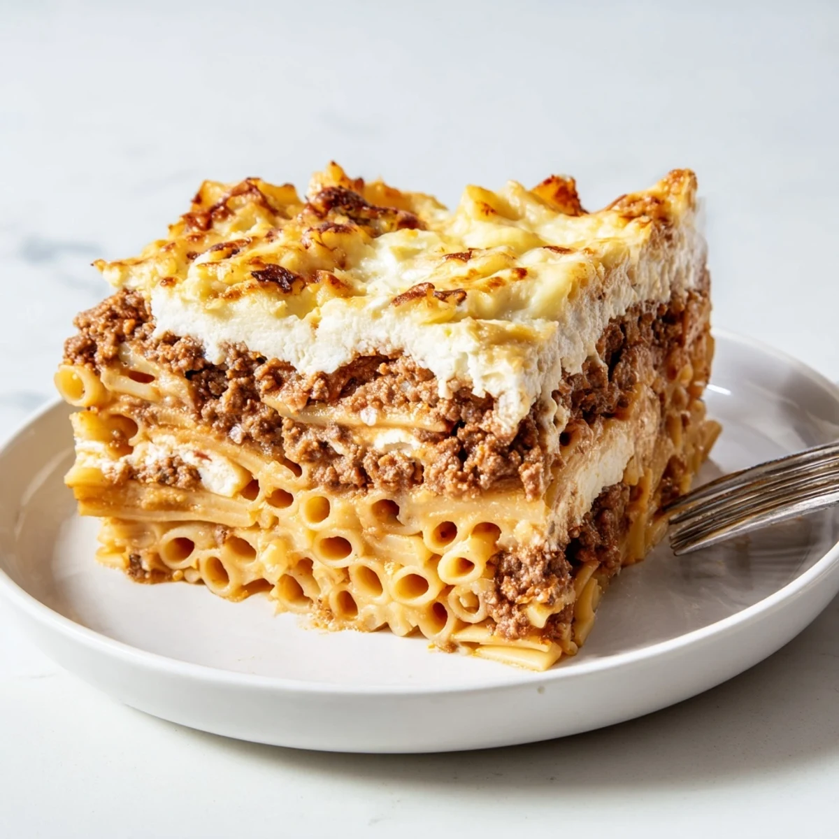 Golden-baked Greek Pastitsio layered with savory beef and creamy béchamel sauce.