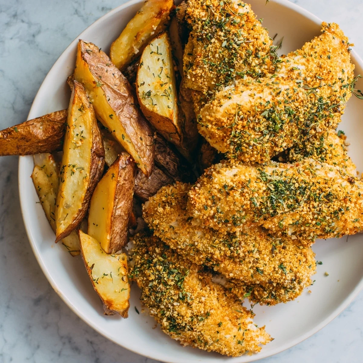 Golden herbed chicken tenders and crispy potato wedges, a comforting American dinner with flavorful crunch.