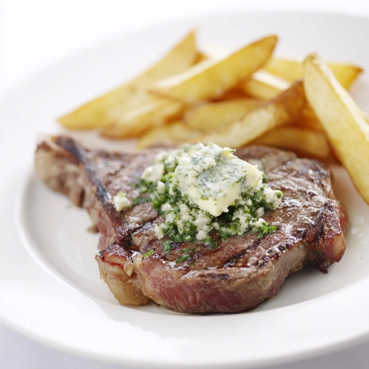 A flavorful plate of Steakhouse Garlic Butter Steak & Fries featuring seared steak, herbed butter, and golden potatoes.
