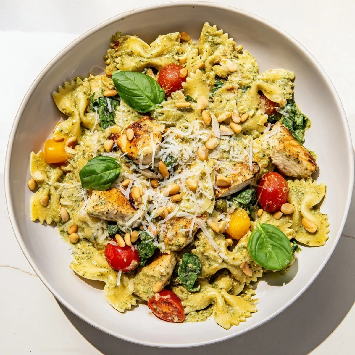 Creamy pesto chicken bowtie pasta, a comforting Italian-American meal with vibrant colors and flavors.