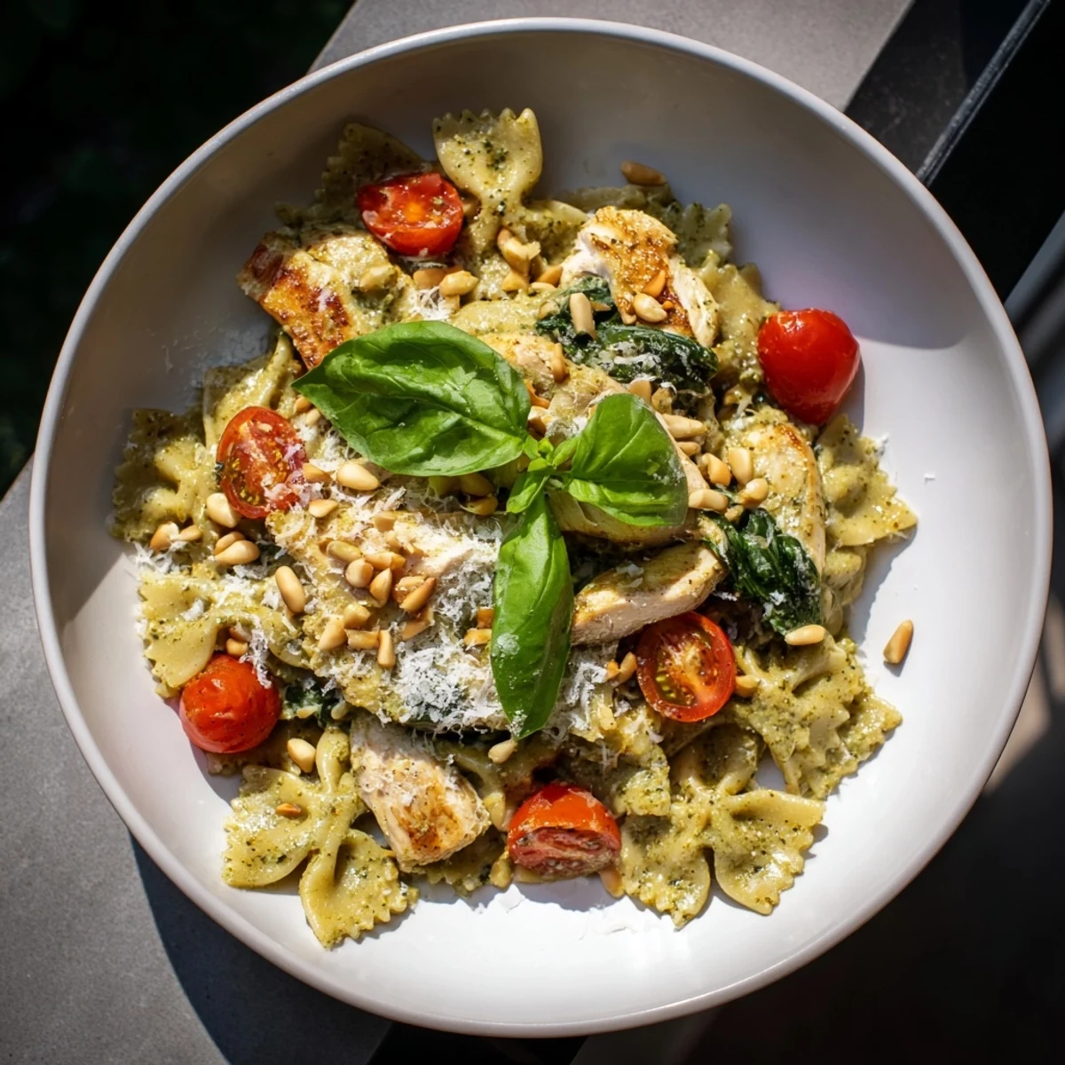 A close-up of pesto chicken bowtie pasta, showcasing tender chicken and fresh basil pesto sauce.
