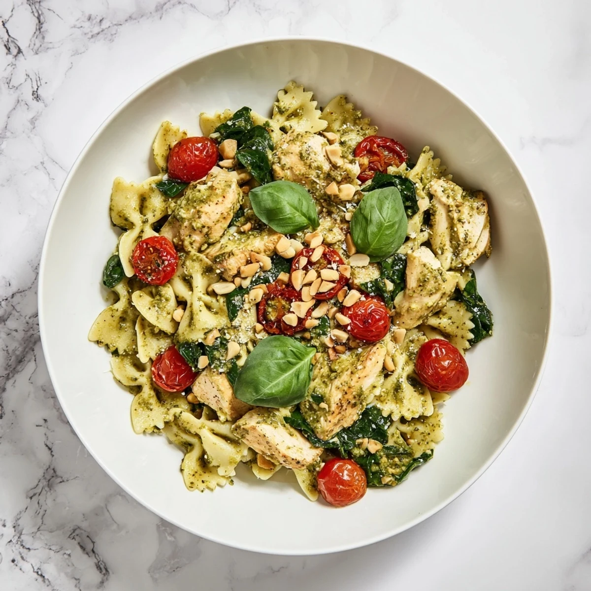 Savory pesto chicken bowtie pasta, served with Parmesan cheese and pine nuts for a delicious dinner.