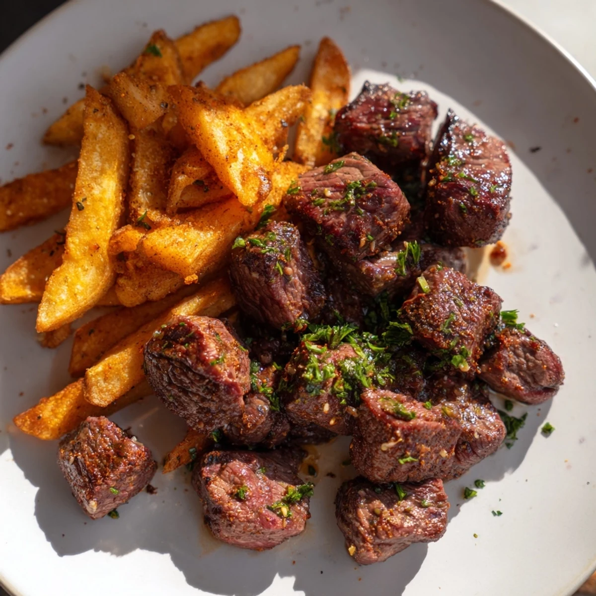 Tender Blackened Cajun steak bites served alongside golden, crispy fries, an irresistible combination.