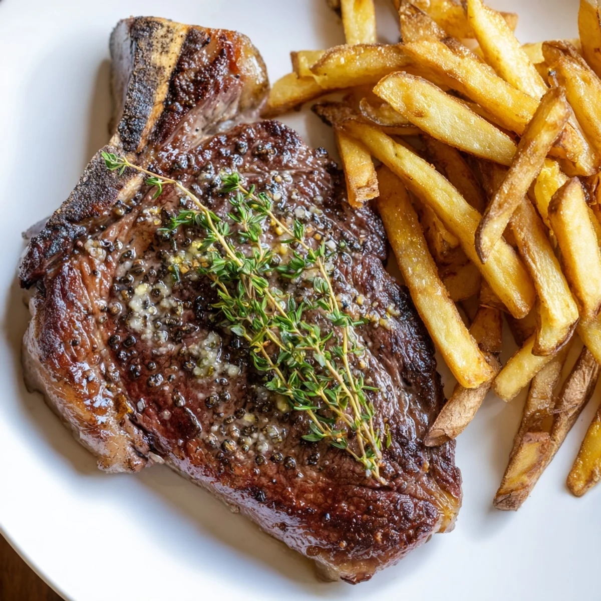 Imagine perfectly cooked Classic Peppercorn Ribeye—cracked pepper encasing tender steak with a side of fries.