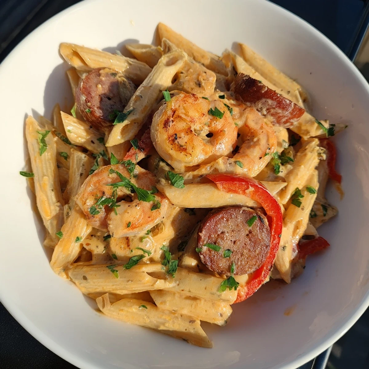 A close-up of the delicious Cajun Sausage & Shrimp Alfredo Pasta Skillet, ready for a hearty serving.