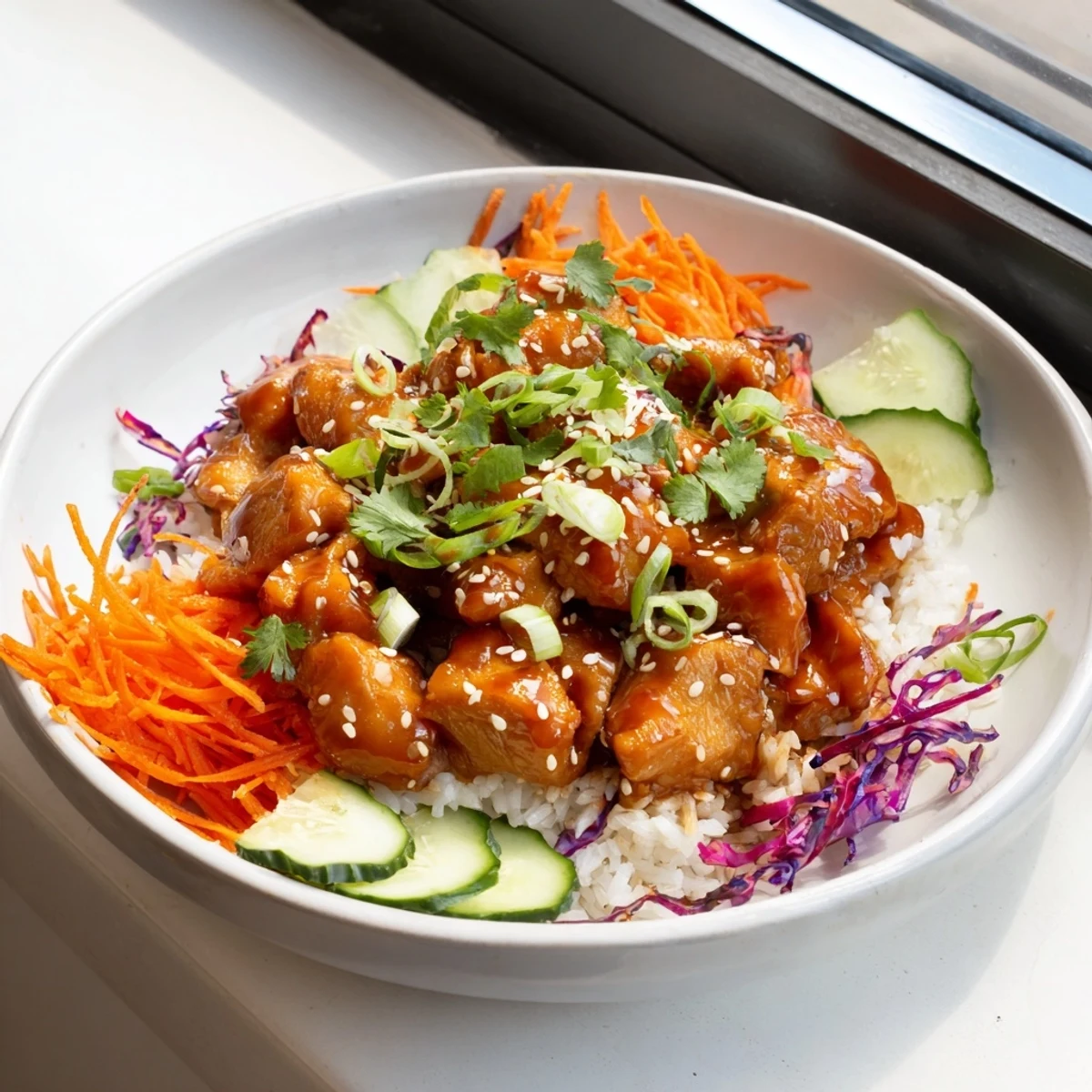 Sriracha Honey Chicken Rice Bowl: a colorful bowl with glistening chicken and vibrant veggie toppings.