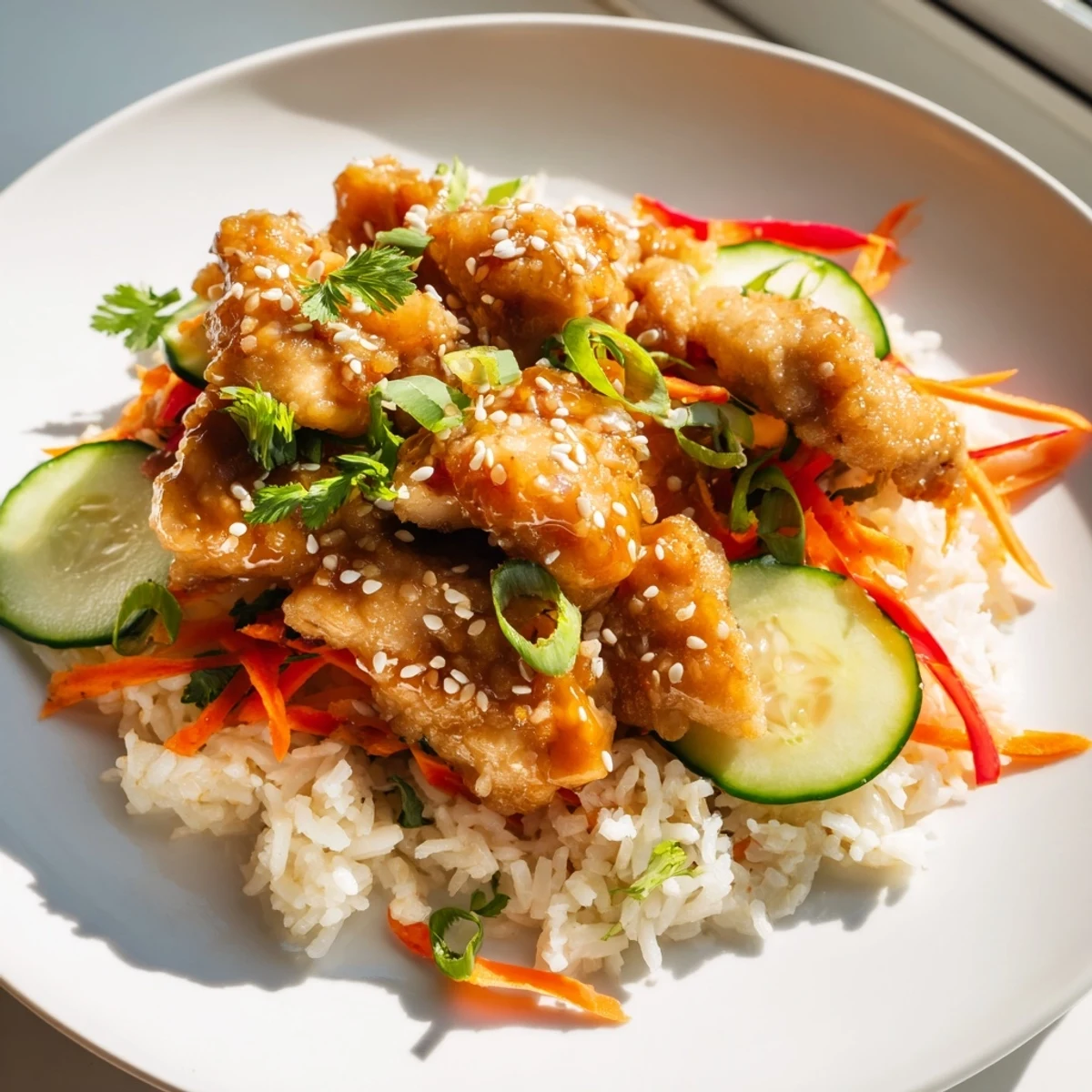 Close-up of a Sriracha Honey Chicken Rice Bowl displaying spicy-sweet chicken atop a bed of rice.