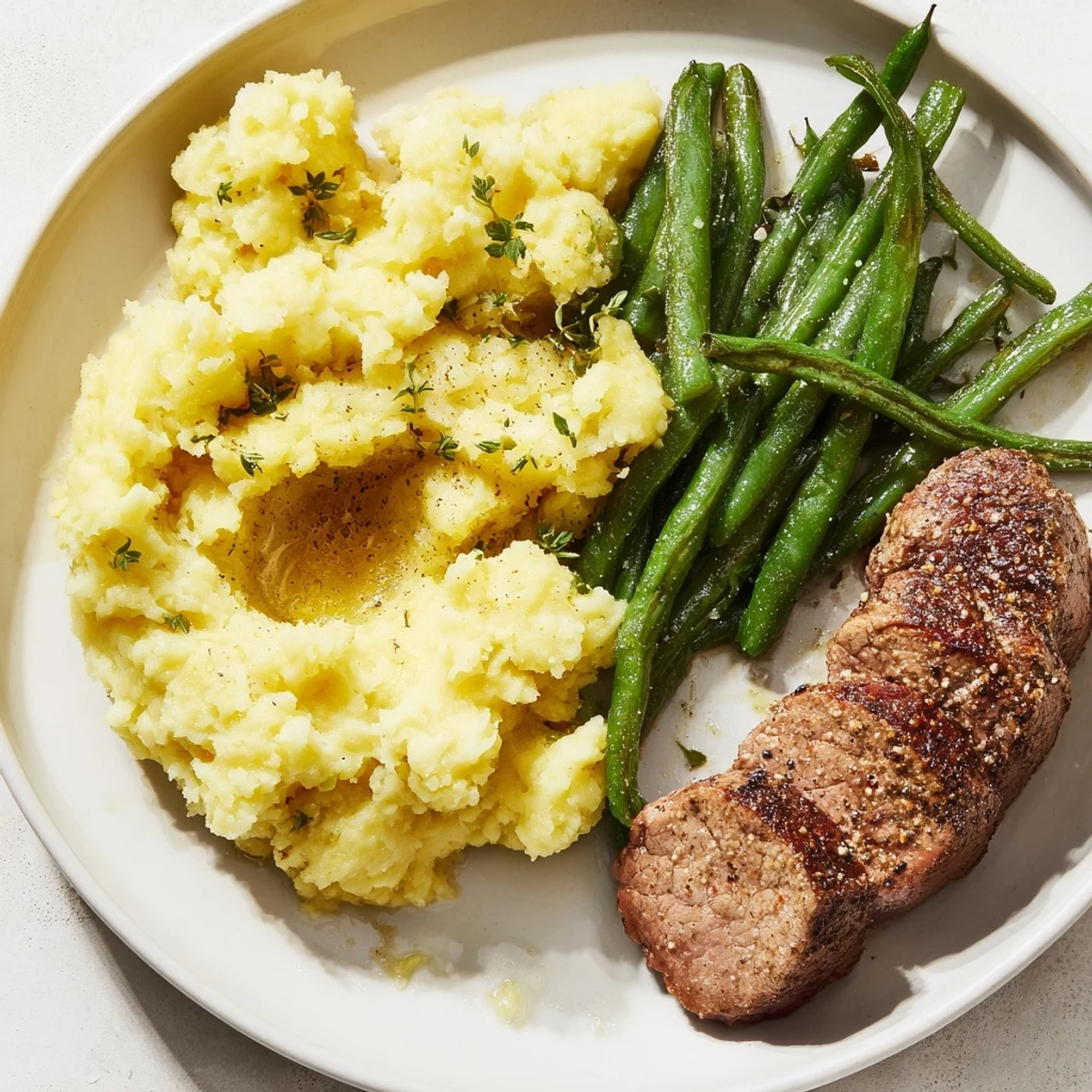 Golden-brown sirloin steak nestled next to fluffy garlic mashed potatoes, a flavorful sheet pan meal.