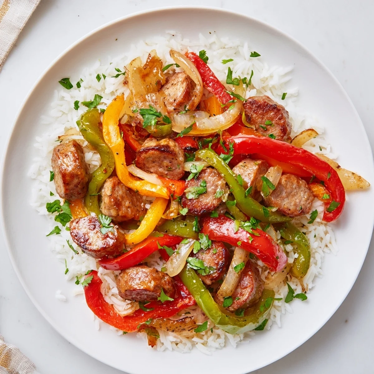 A steaming plate of Italian Sausage & Peppers Rice Plate, bursting with vibrant peppers and herbs.