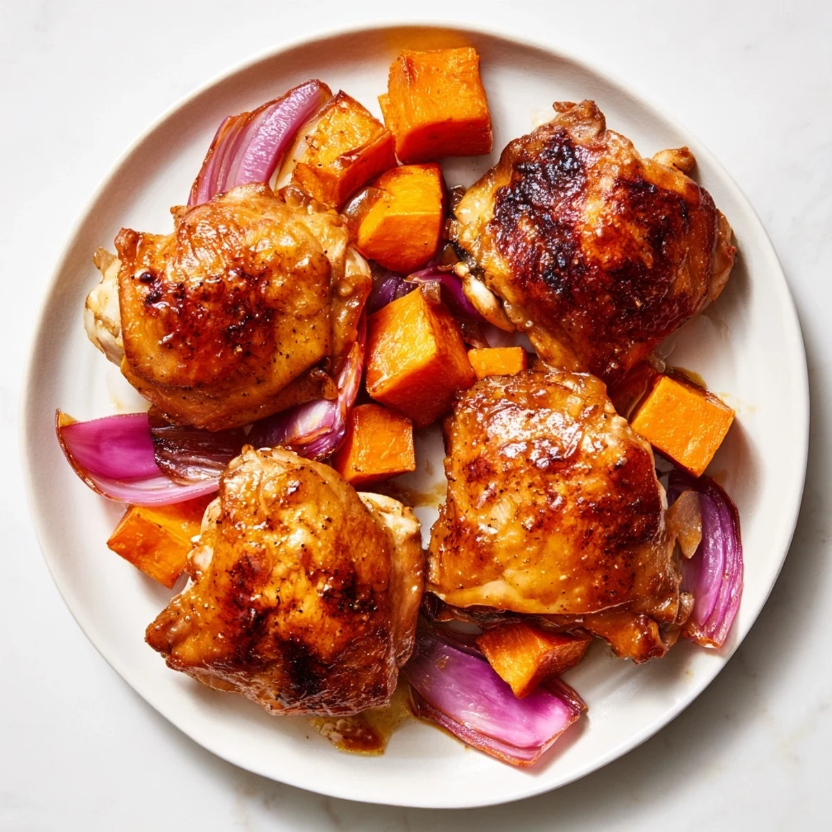 Golden-brown Maple Glazed Chicken & Sweet Potato Bake with tender sweet potatoes and crispy chicken.