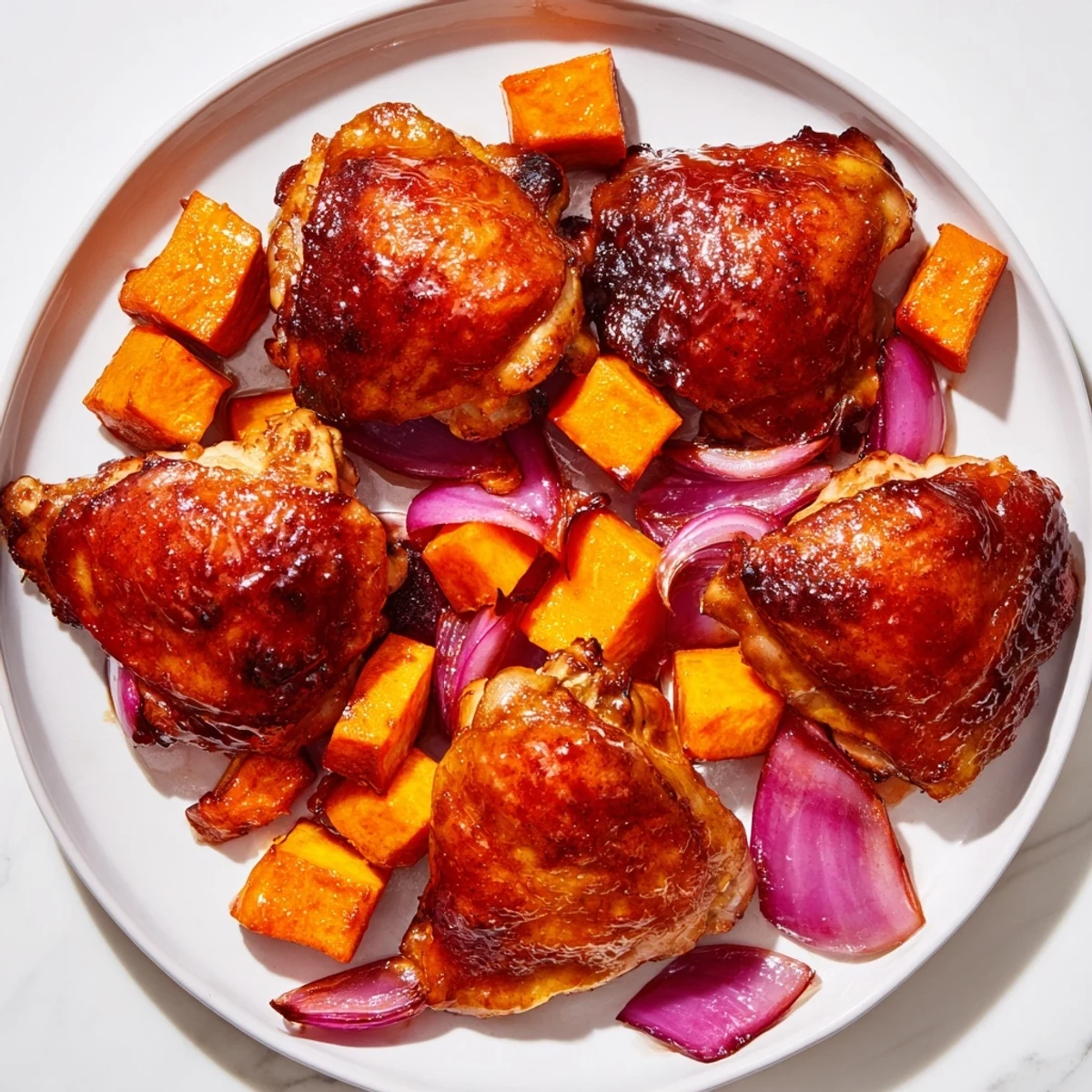 Warm, comforting Maple Glazed Chicken & Sweet Potato Bake, ready to serve with optional spinach garnish.