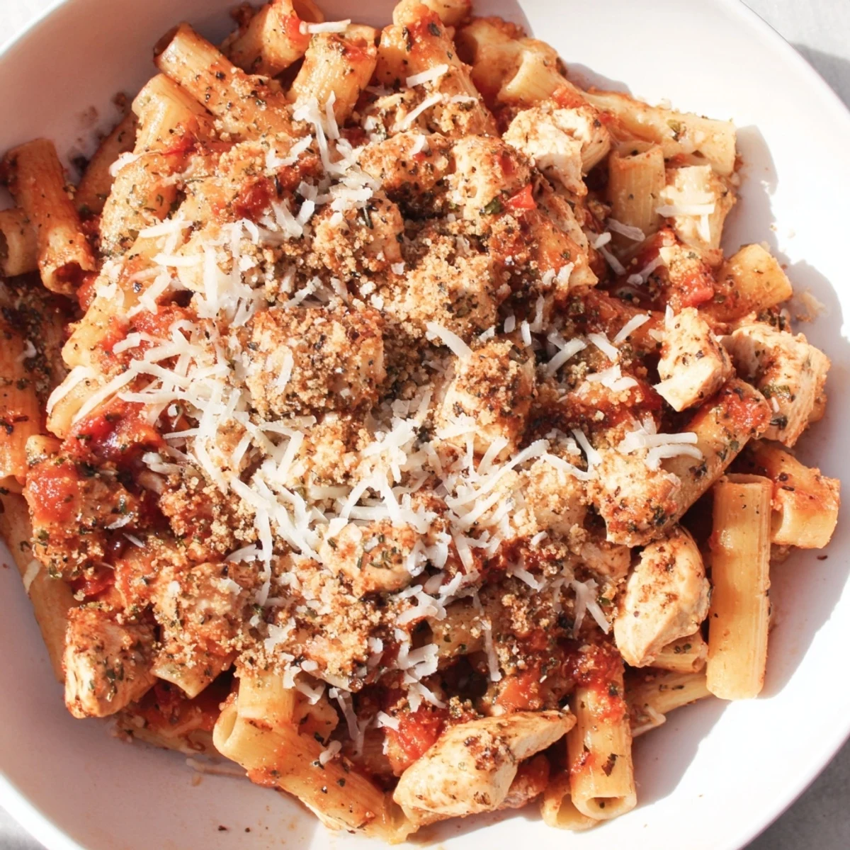Baked Chicken Parmesan Pasta bubbling in a baking dish, a cheesy, comforting Italian-American meal.