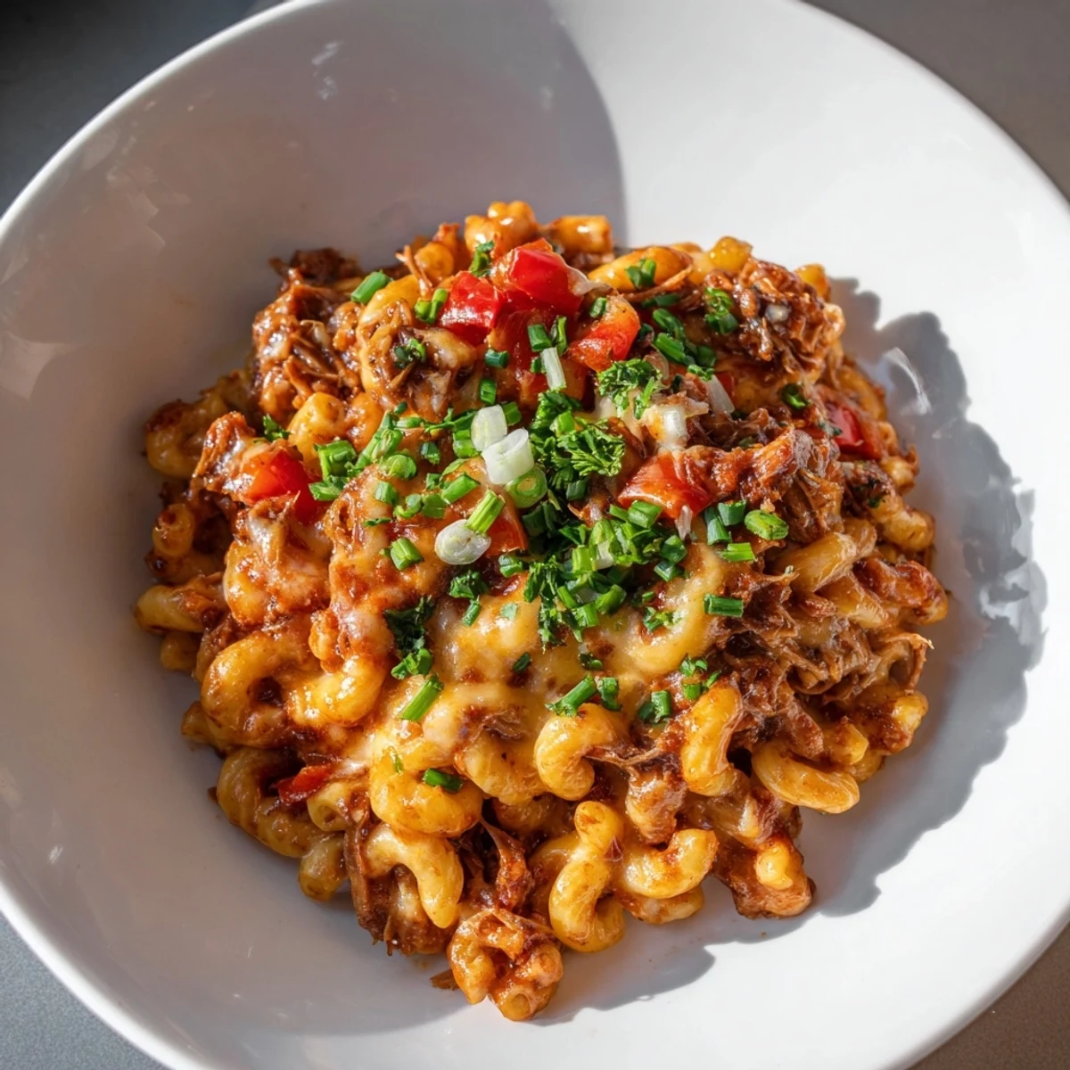 A steaming skillet of BBQ Rib Macaroni, a cheesy, saucy baked comfort food ready to serve.
