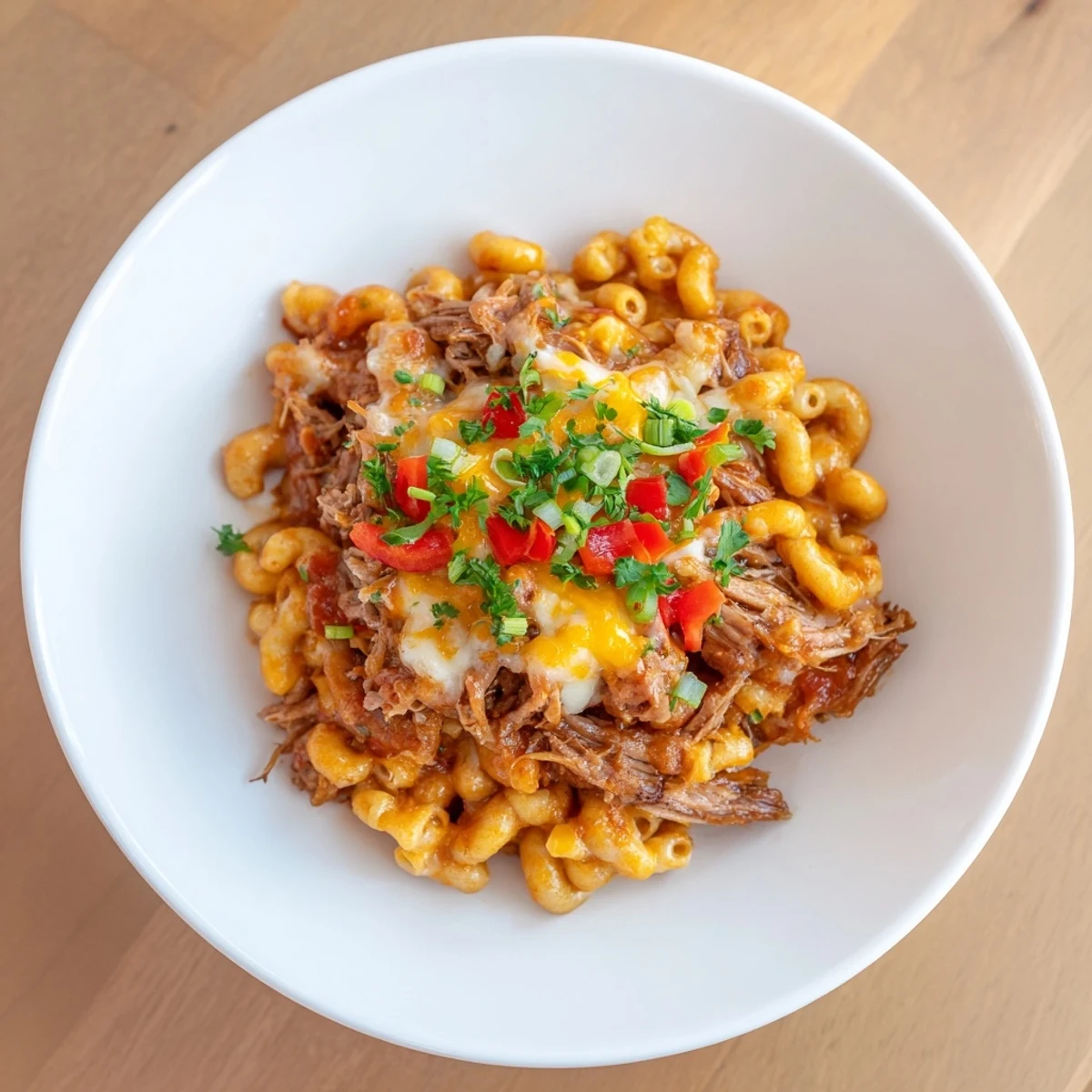 Melting cheese coats tender BBQ Rib Macaroni, a savory skillet with red bell peppers visible.