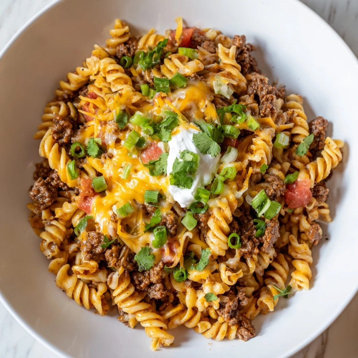 Delicious Cheesy Taco Pasta Skillet combining ground beef, pasta, and cheese in one pan for an easy meal.