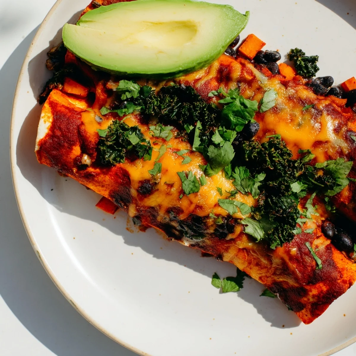 Golden brown One-Pan Sweet Potato, Black Bean & Kale Enchiladas, baked with melted cheese and zesty sauce.