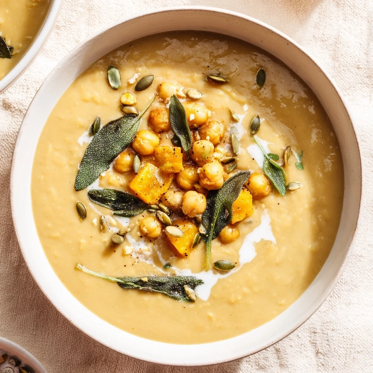 A steaming bowl of Chickpea, Pumpkin & Sage Soup, featuring vibrant color and an enticing aroma.
