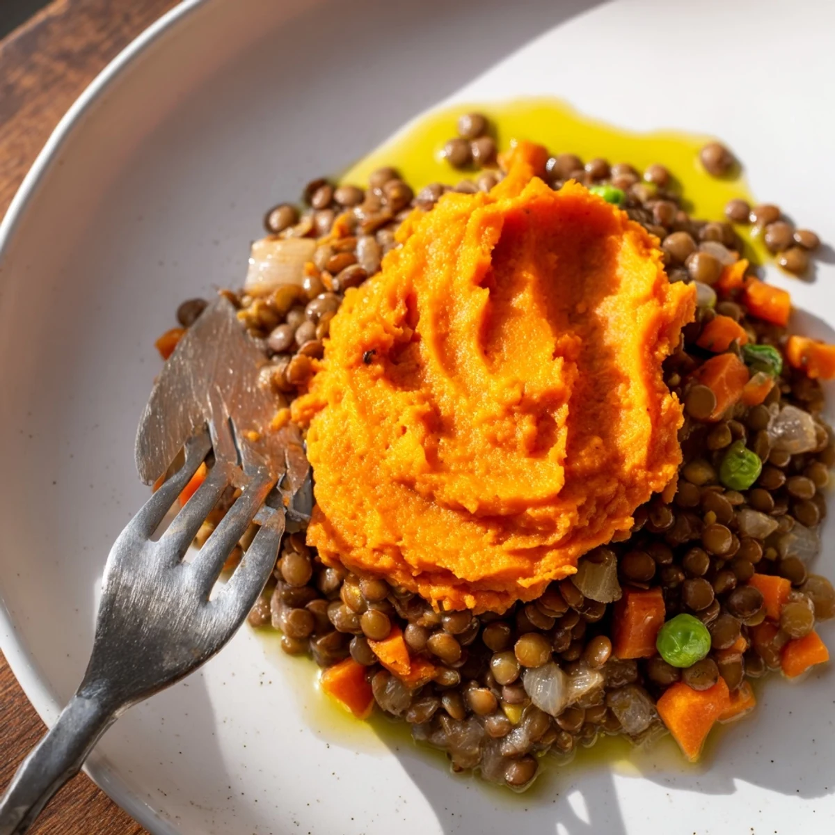 A close-up of a warm, inviting veggie shepherds pie, ready to be served and enjoyed.