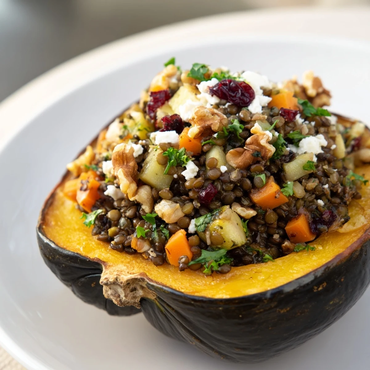 Warm, hearty Lentil & Walnut Stuffed Acorn Squash, showcasing colorful filling and tender squash.
