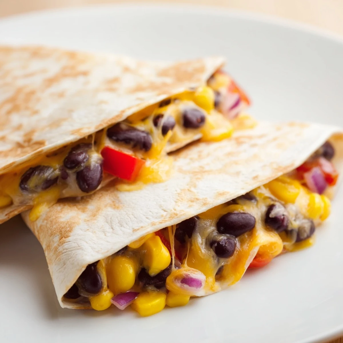 A close-up of a crispy Tortilla Wrap Hack bursting with beans, melted cheese, and fresh veggies.