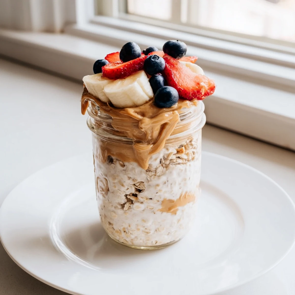 Delicious, easy Overnight Oats Jars, perfect for a grab-and-go breakfast topped with fresh fruit.