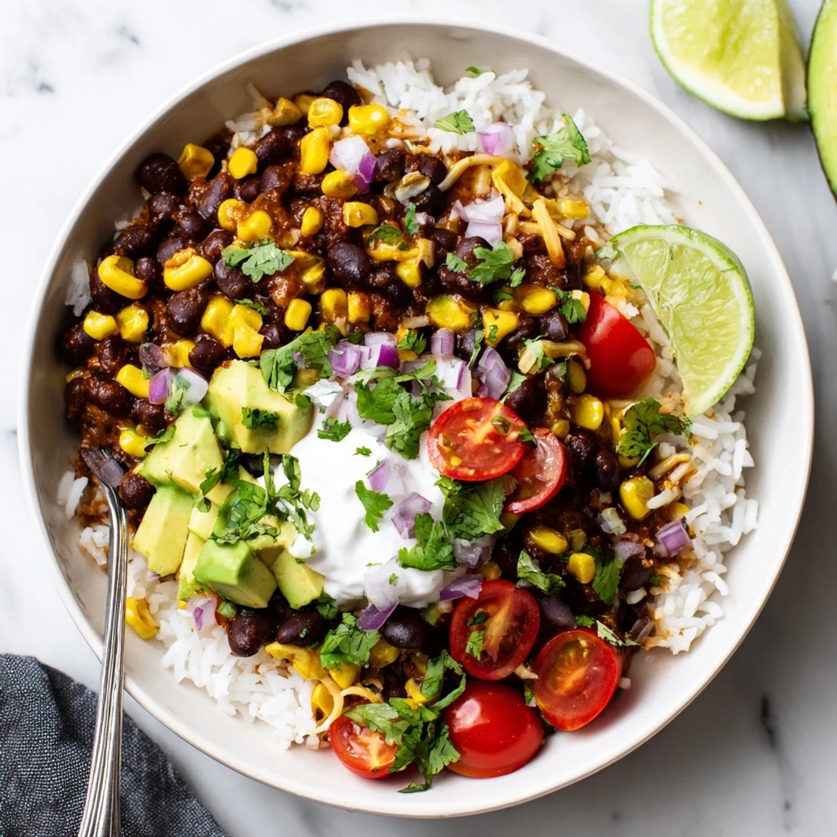 A colorful Rice, Bean, and Corn Burrito Bowl with a fresh lime squeeze and creamy avocado.