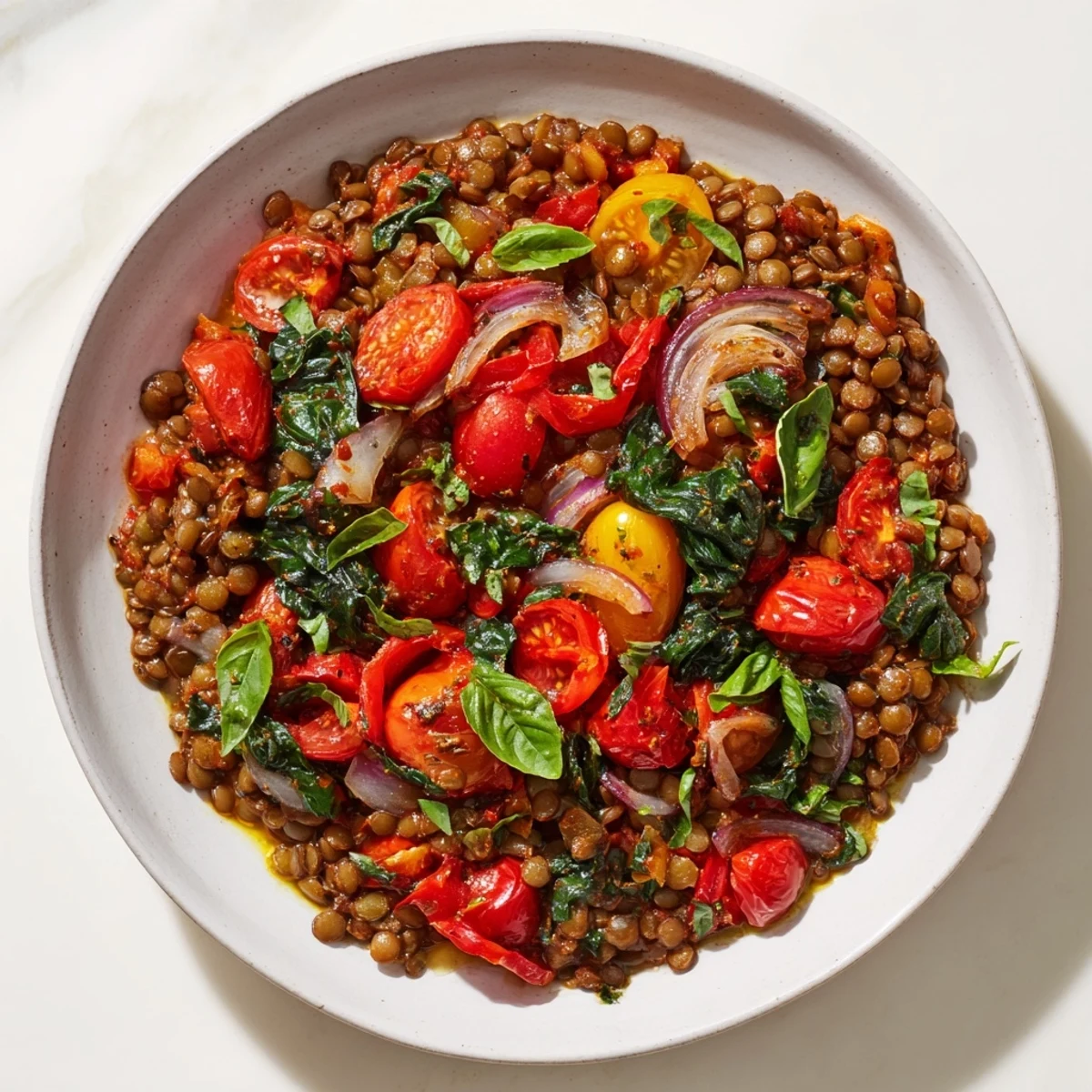 Savory Lentil-Tomato Skillet, a vibrant vegetarian meal brimming with fresh herbs and tomatoes.