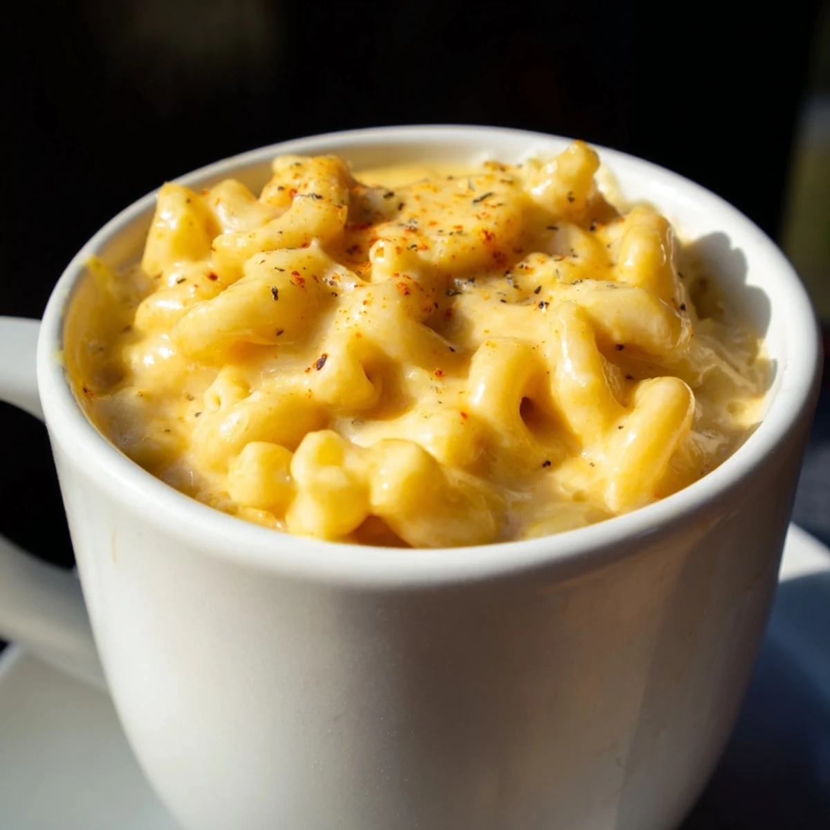 Steaming mug mac & cheese, topped with paprika, offers a warm, cheesy, quick meal idea.