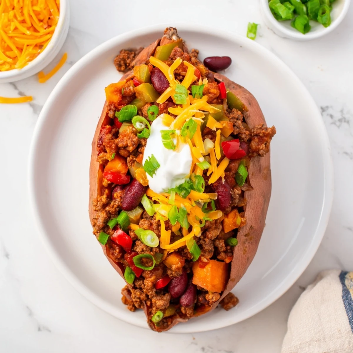 A close-up of Baked Sweet Potato Stuffed with Chili displaying the vibrant colors and textures of the toppings.